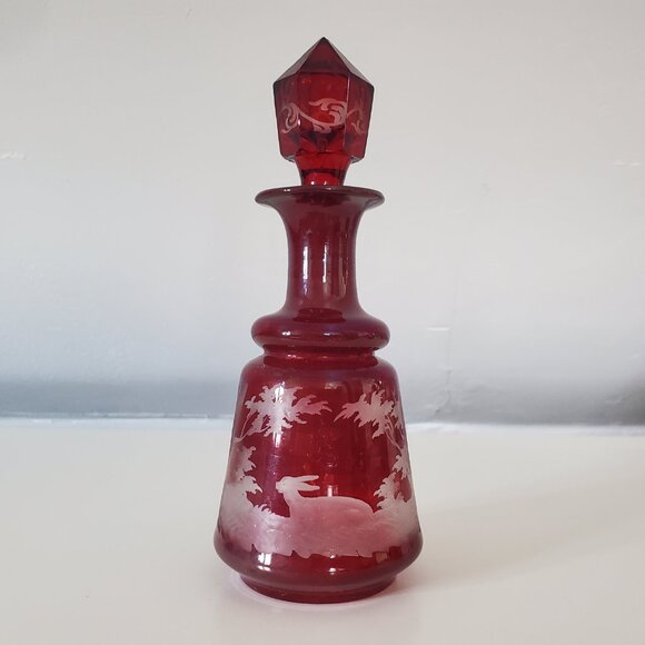 Bohemian Czech Ruby Red Cut to Clear Glass Decanter with Stopper - Picture 2 of 3
